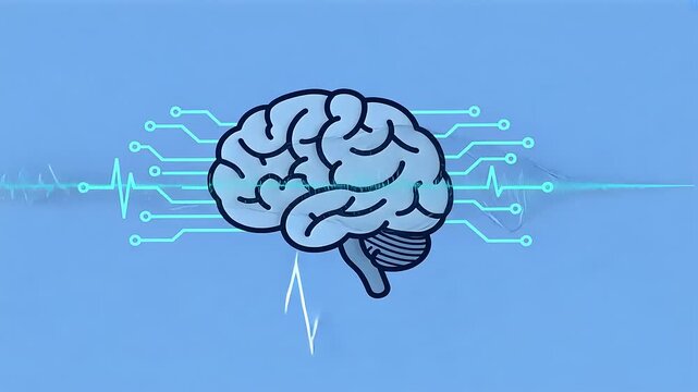 Illustration of a brain with digital circuits and heartbeat lines on a blue background