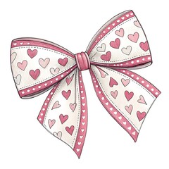 Charming hand drawn pink and white ribbon bow with hearts and dots pattern