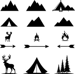Mountain outdoor, adventure, travel,  forest, trees, pine trees, waves, water, bird, eagle,  deer vector bundle