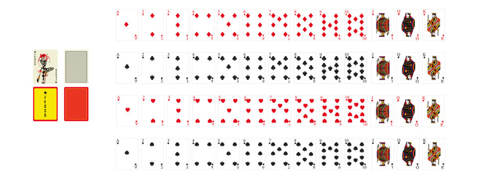 Playing Card Full set.  vector illustration. Royal flush hand of clubs, diamonds, hearts and spades playing cards deck colorful illustration. Editable Stroke