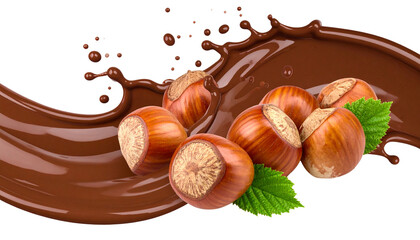 Healthy filbert hazelnuts, a natural and organic snack, grouped with chocolate, are isolated on a white background