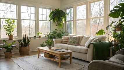Sunlit Living Room with Lush Indoor Plants and Comfortable Seating in a Bright Home