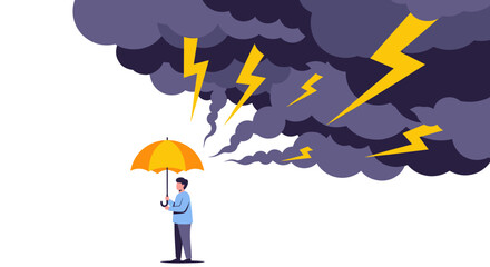 A man with an umbrella stands against a backdrop of dark storm clouds and lightning, symbolizing resilience and protection in challenging weather conditions.