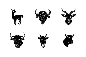 Farm & Wild Bovine Animal Silhouettes: Llama, Buffalo, Cow, & Goat Vector Art