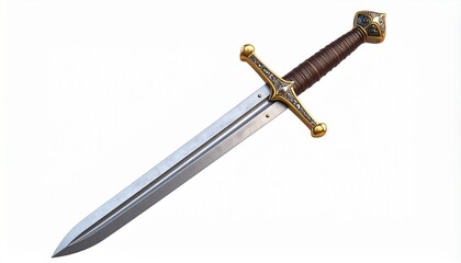 An isolated vintage metal sword, a sharp medieval weapon with a unique handle, on a clean white background