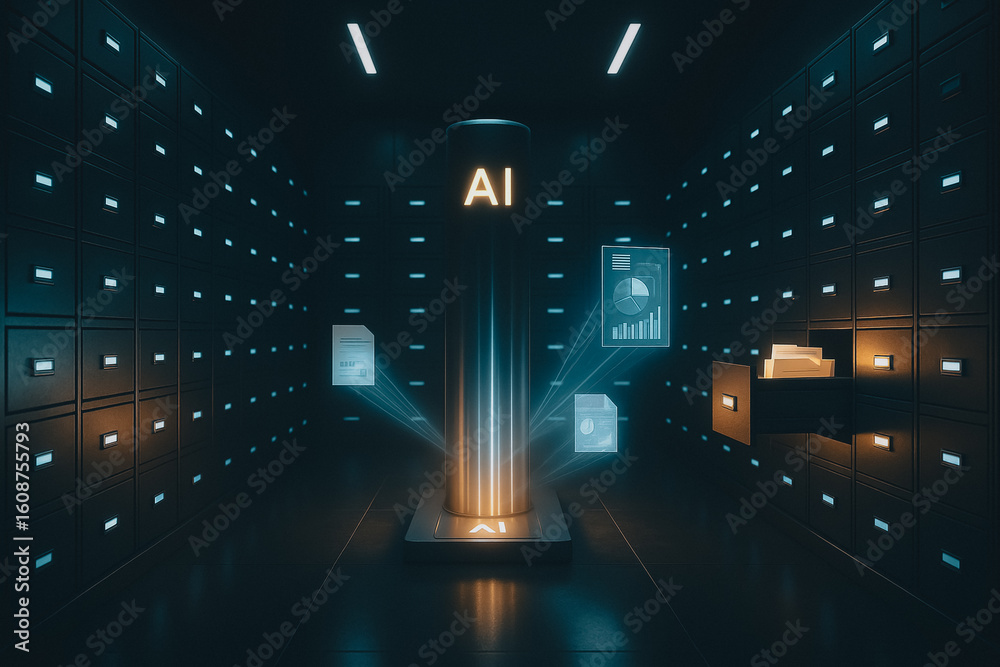 Poster ai data processing: an artistic depiction of data processing, with data documents emerging from a ce