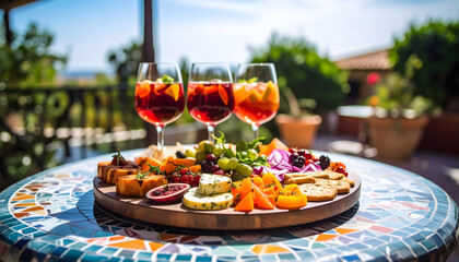 sangria, drink, cocktails, wine, with, canap&eacute;s, canape, bread, slices, of, various, food, topped, with, vegetables, gourmet, in, front, of, a, pool, on, turquiose, mosaic, table, greek, different
