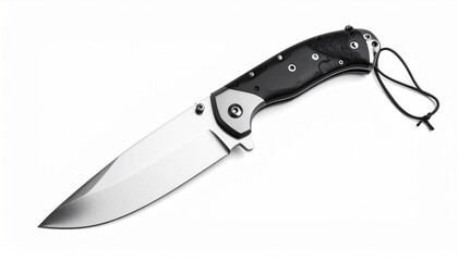 Obraz premium Isolated on white, a sharp, stainless steel kitchen knife with a black handle is a versatile cutting tool