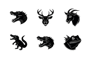 Animal Head Silhouettes: Deer, Goat, Dragon, Alligator & Lizard Vector Art