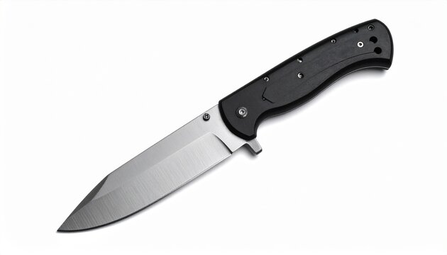 Sharp steel kitchen knife with black handle isolated on white