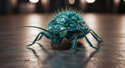 Naklejka premium A detailed close-up of a spiky, green-blue insect-like creature with an armored exoskeleton, resting on a reflective surface.