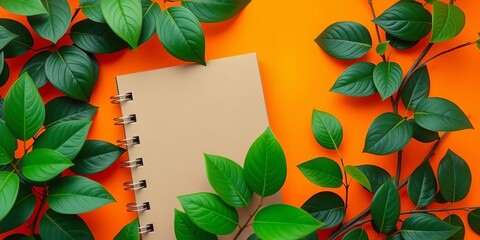 Kraft planner surrounded by vibrant green leaves against a bright orange backdrop,   aesthetic,   stock