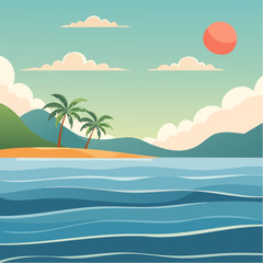 Serene tropical seascape illustration with palm trees, ocean waves, and warm sunset hues