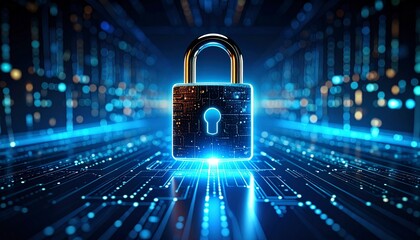 Futuristic digital padlock with neon circuits on a dark background