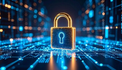 Futuristic digital padlock glowing in network technology background