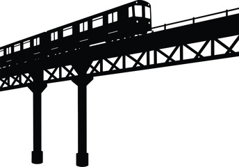 Elevated Train Silhouette on Bridge Public Transportation Urban Transit Commuting Cityscape Black and White Illustration