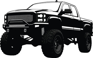 Black and White Illustration of a Lifted Pickup Truck with Off Road Tires and Bumper © Pvect02