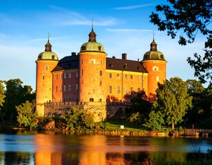 A salmon-colored castle, bathed in golden sunlight, sits on a riverbank, reflected in the water. Lush greenery surrounds the castle walls