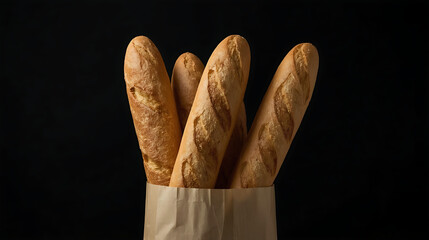 A minimalist and rustic food photography style features freshly baked French baguettes with a golden crust and visible scoring marks, partially wrapped in brown paper bag against a dark black backgrou