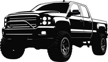 Black and White Vector Illustration of a Lifted Four Door Pickup Truck with Aggressive Off Road Tires © Pvect02