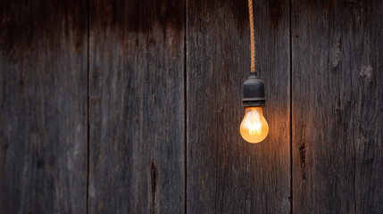 solitary ultrabright light bulb dangles against rustic wooden wall embodying inspiration