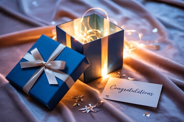 Elegant blue gift box with glowing lights and congratulations card evokes joy and celebration