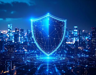 Futuristic shield symbolizing security over a cityscape at night