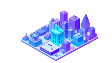 Naklejka premium Isometric blockchain city landscape with secure data transactions and digital infrastructure.
