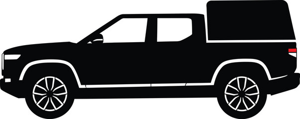 Sleek Black Pickup Truck Silhouette with Canopy Modern Design Isolated on White Background Automotive Illustration