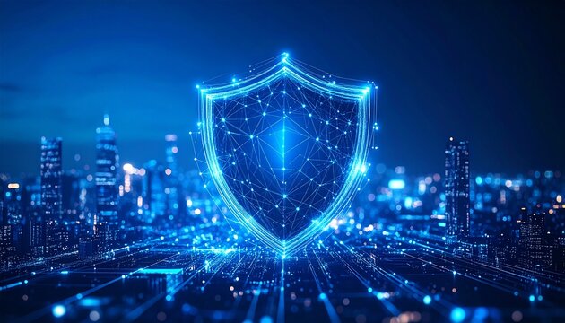 Futuristic 3D shield icon glowing against a city skyline background