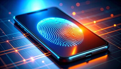 Futuristic smartphone showing blue fingerprint recognition technology
