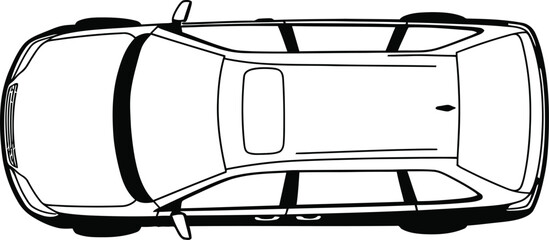 Top View Black and White Illustration of a Modern Station Wagon Vehicle with Roof Rack and Sunroof
