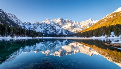 A serene alpine lake reflecting snow-capped mountains at sunrise