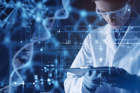 DNA helix graphic overlay, scientist analyzing data, genetic research scene.
