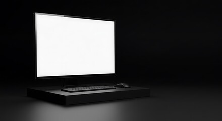 A minimalist black and white image featuring a computer with a blank white screen, keyboard, and mouse on a dark platform.
