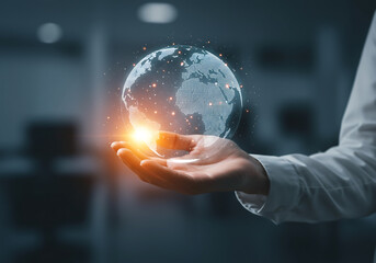 modern technology concept showing virtual world map in hand with data sparks

