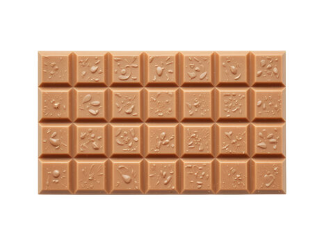 Close up of a milk chocolate bar with different textured toppings on each piece displayed on black