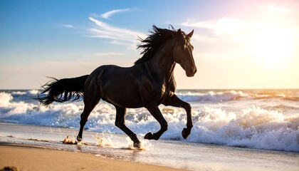 Fototapeta premium Majestic Black Horse Galloping on Beach at Sunset with Freedom and Grace.