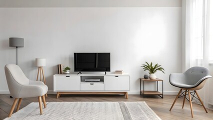 Fototapeta premium Modern Living Room Interior with TV, Console, Chairs, and Rug in a Stylish Home
