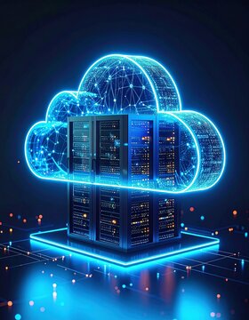 Futuristic data center embedded in glowing neon cloud technology