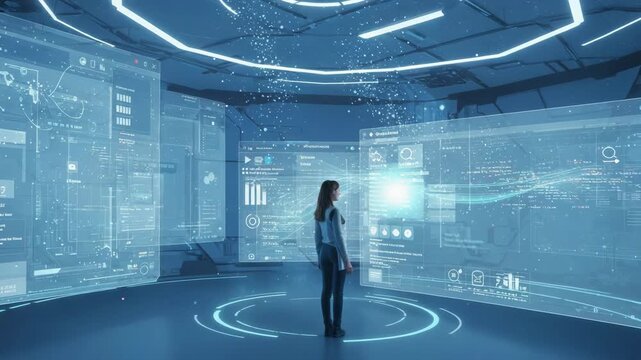 A futuristic woman inside a glowing digital interface resembling an operating system window. She stands among floating system panels and icons. The scene blends realism with abstraction to depict huma