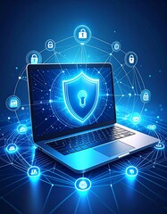 Modern laptop with digital security graphics and network connections