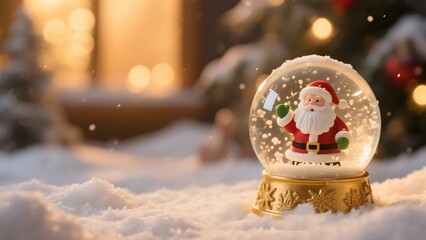 Christmas Snow Globe Featuring Santa Claus with Glittering Snowflakes on a Cozy Winter Background