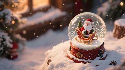 Festive Christmas Snow Globe Featuring Santa Claus and Sleigh Surrounded by Snowy Landscape