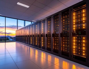 Modern data center with server racks glowing during a sunset view