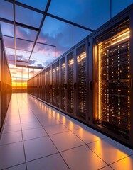 View of a modern server room at sunset with vibrant lighting effects