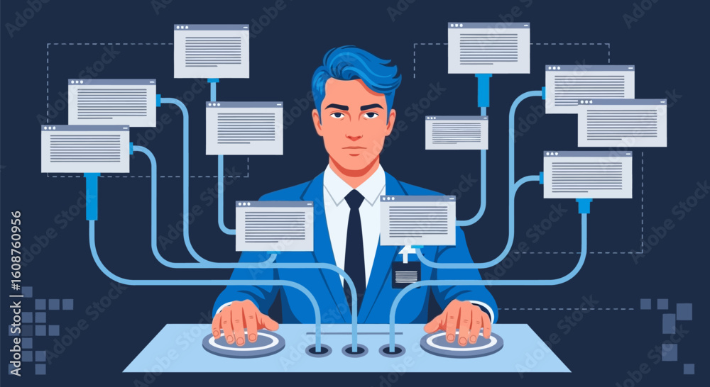 Fototapete vector illustration of serious young man operating data console with networked interfaces and flowin