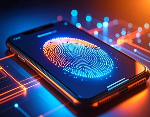 Futuristic smartphone displaying vibrant fingerprint scan interface
