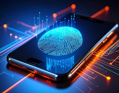 Futuristic smartphone displaying biometric fingerprint scanning interf