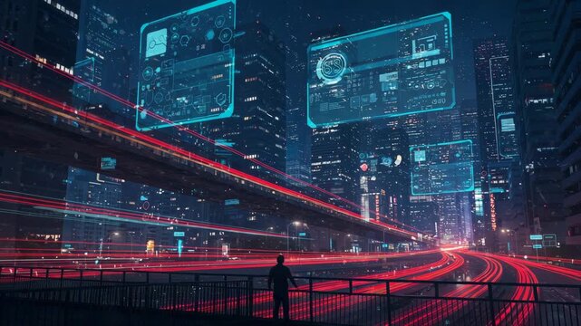 Futuristic cityscape designed to represent an operating system. Buildings and roads resemble digital components, with streams of data glowing in the air. One person observes from a bridge. Cinematic s